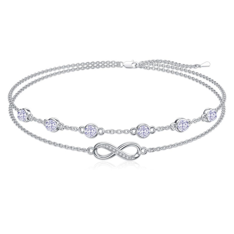 Sterling Silver Birthstone Infinity Multi-layered Anklet