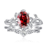 Sterling Silver Oval Shaped  Leaf Gemstone Engagement Rings Set for Women