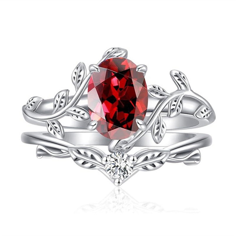 Sterling Silver Oval Shaped  Leaf Gemstone Engagement Rings Set for Women