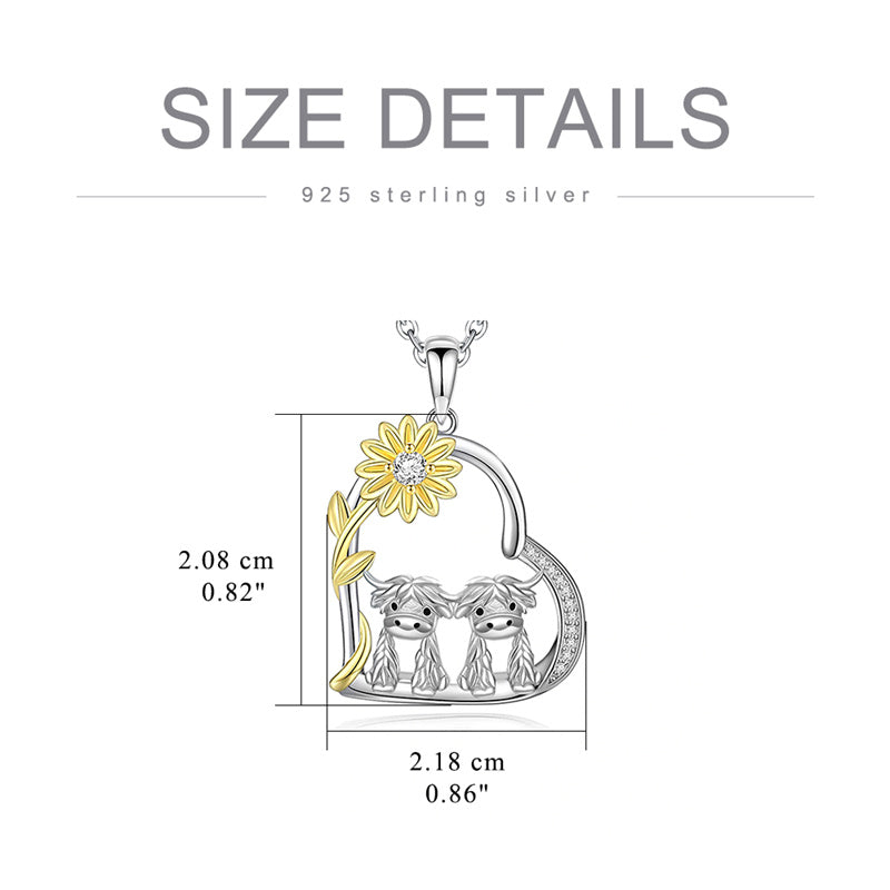 Sterling Silver Heart Highland Cow Pendant Necklace
