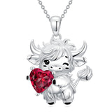 Sterling Silver Heart  Birthstone Highland Cow Pendant Necklace