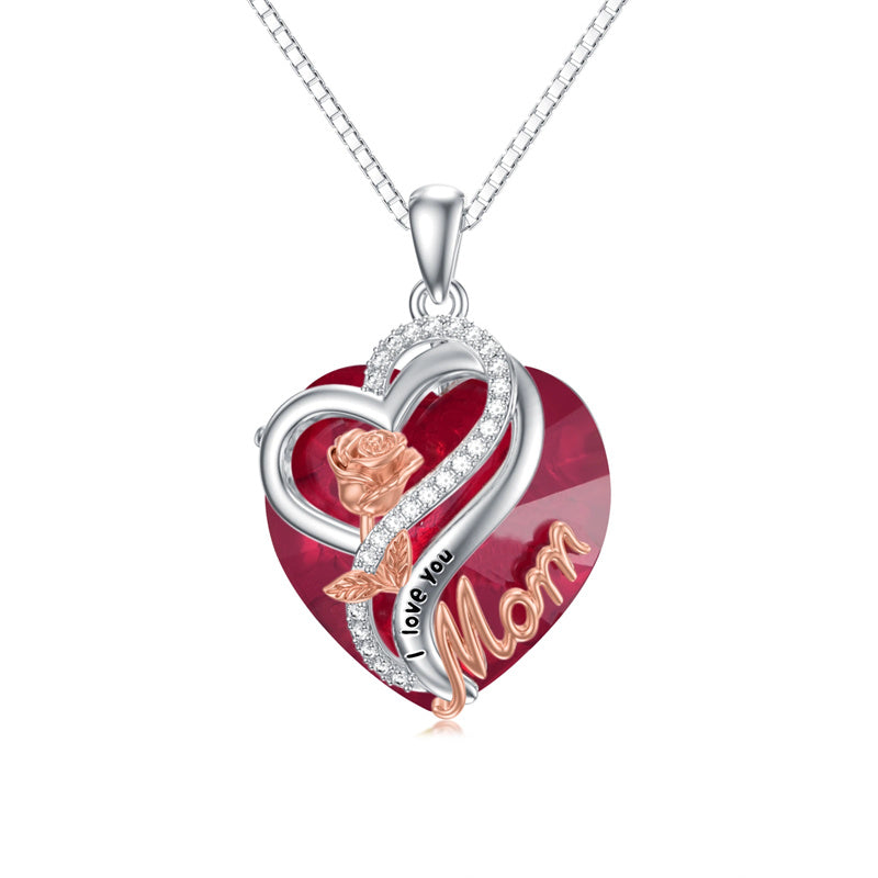 Sterling Silver Birthstone Heart Rose Pendant Necklace With Engraved