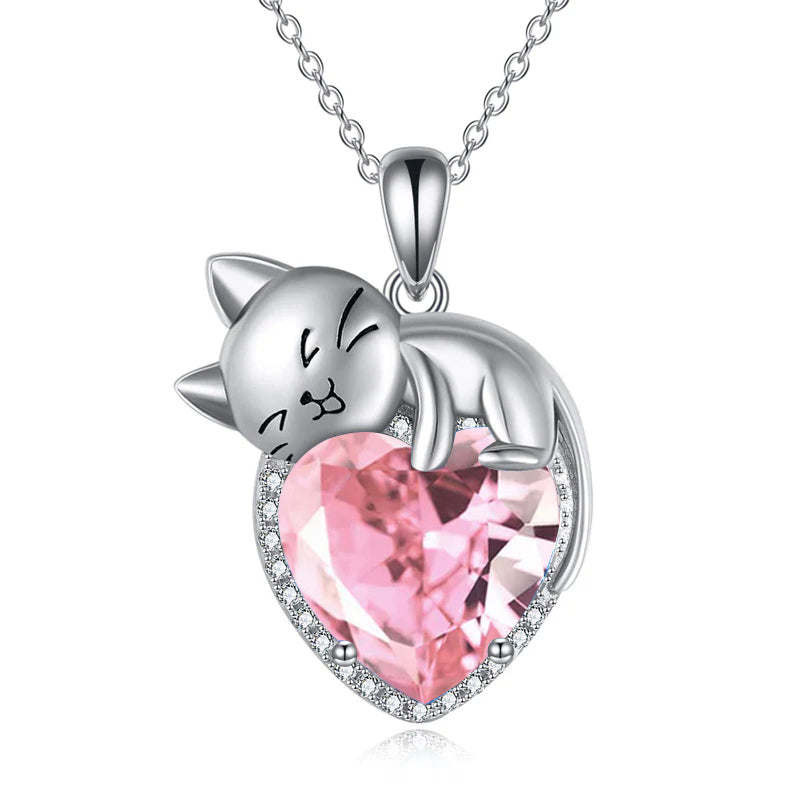 Sterling Silver Heart Birthstone Cat Pendant Necklace