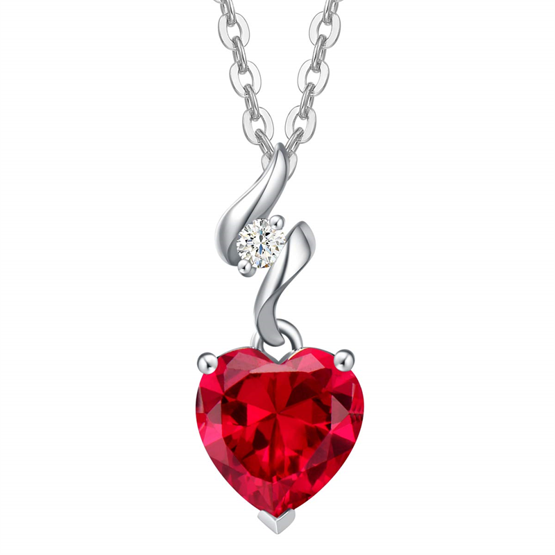 14K Solid White Gold Heart Gemstone Pendant Necklace with Sterling Silver Chain