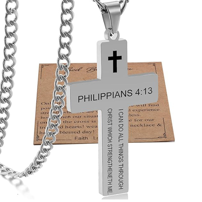Stainless Steel Bible Verse Cross Necklace for Men with Cuban Chain