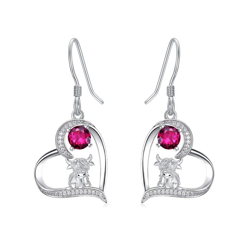 Sterling Silver Birthstone Highland Cow Dangle Earrings