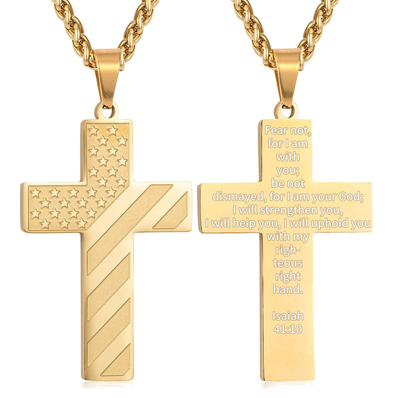 Stainless Steel Personalized Engraved American Flag Cross Pendant Necklace