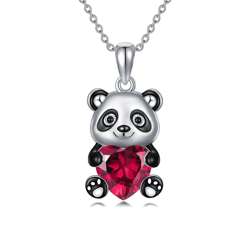 Sterling Silver Heart Birthstone Panda Pendant Necklace