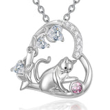Sterling Silver 12 Month Birthstone Cat Pendant Necklace Gifts for Cat Lovers