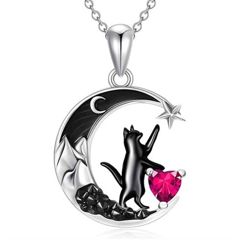 Sterling Silver Heart Birthstone Moon Star Black Cat Pendant Necklace