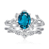 Sterling Silver Oval Shaped  Leaf Gemstone Engagement Rings Set for Women