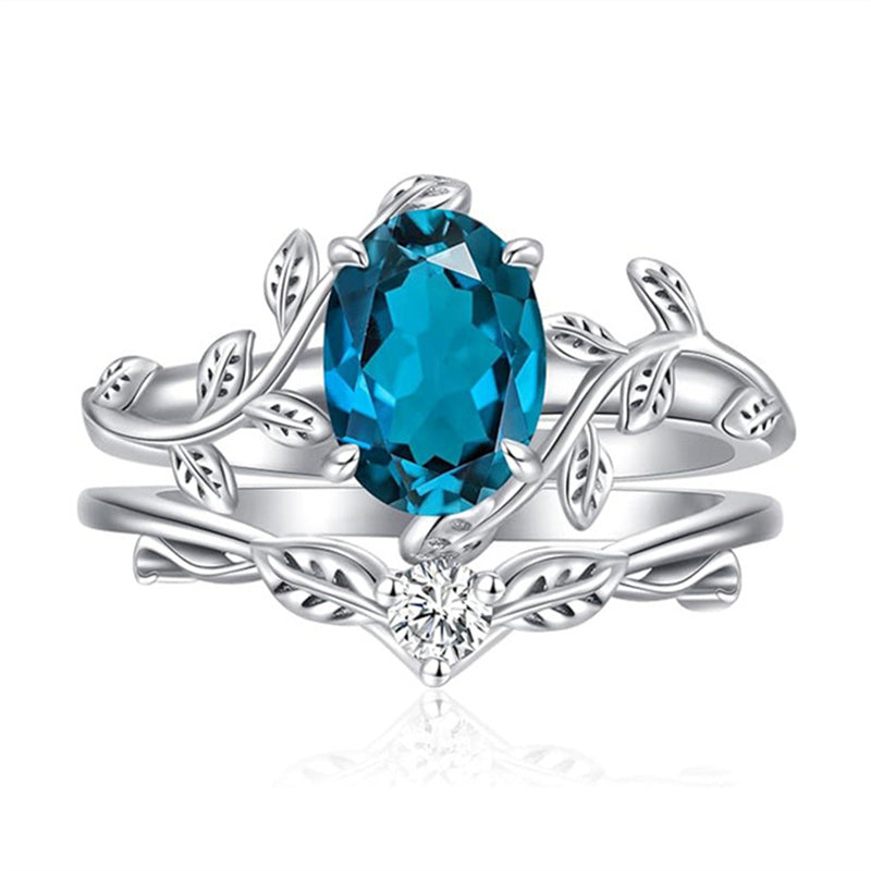 Sterling Silver Oval Shaped  Leaf Gemstone Engagement Rings Set for Women