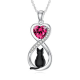Sterling Silver Birthstone Infinity Black Cat Pendant  Necklace