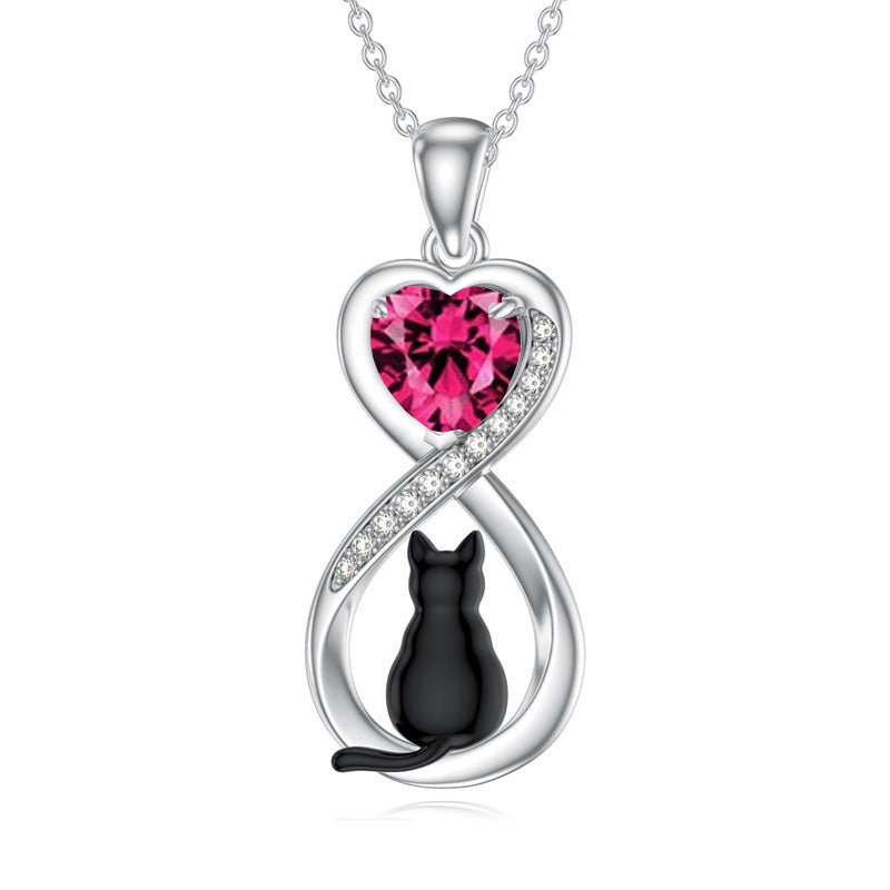 Sterling Silver Birthstone Infinity Black Cat Pendant  Necklace