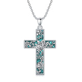 Sterling Silver Turquoise Personalized Engraved 12 Month Birth Flower Cross Pendant Necklace