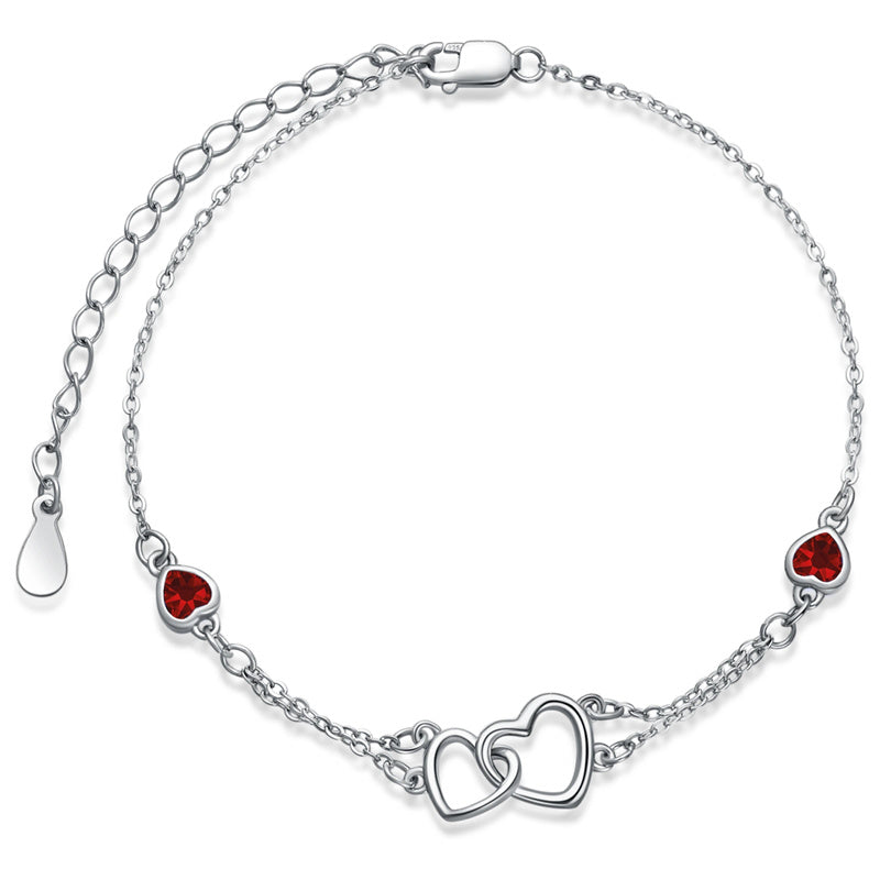 Sterling Silver Double Heart Birthstone Single Layer Anklet