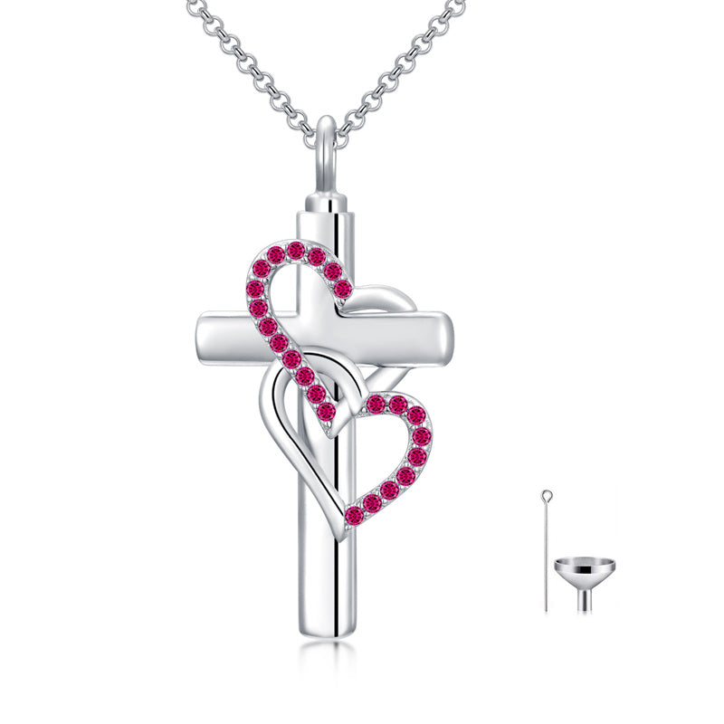 Sterling Silver Birthstone Cross Urn Necklace for Ashes