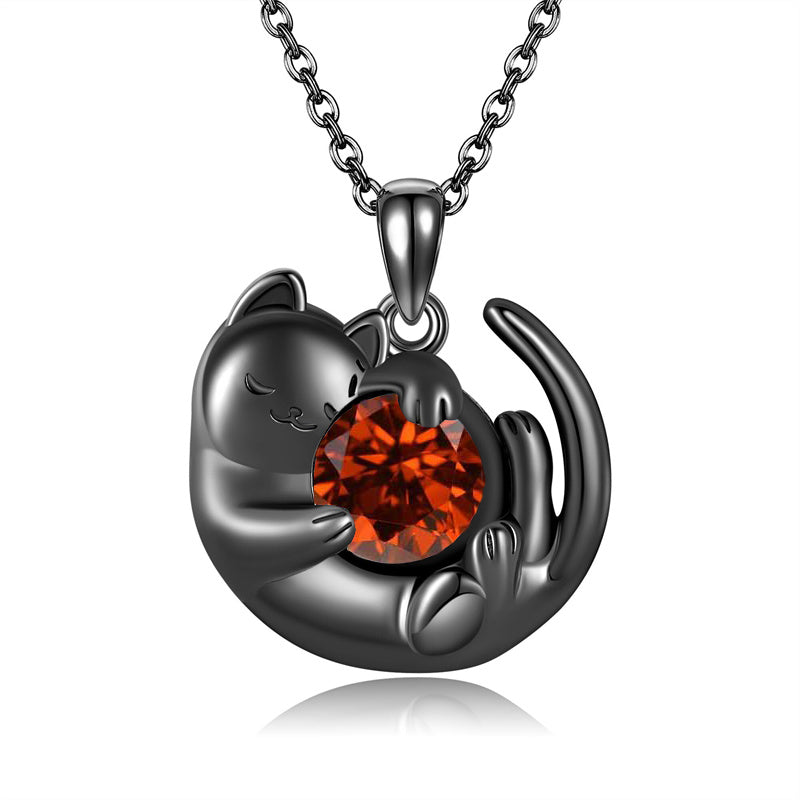 Sterling Silver Birthstone Infinity Black Cat Pendant  Necklace