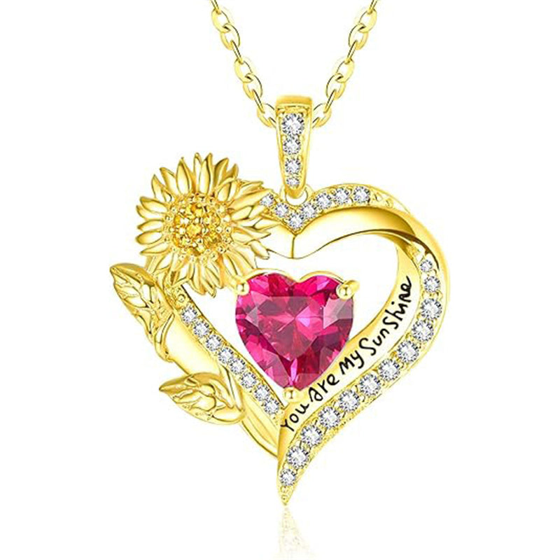Sterling Sliver Birthstone Love Heart & Sunflower Pendant Necklace Engraved With You Are My Sunshine