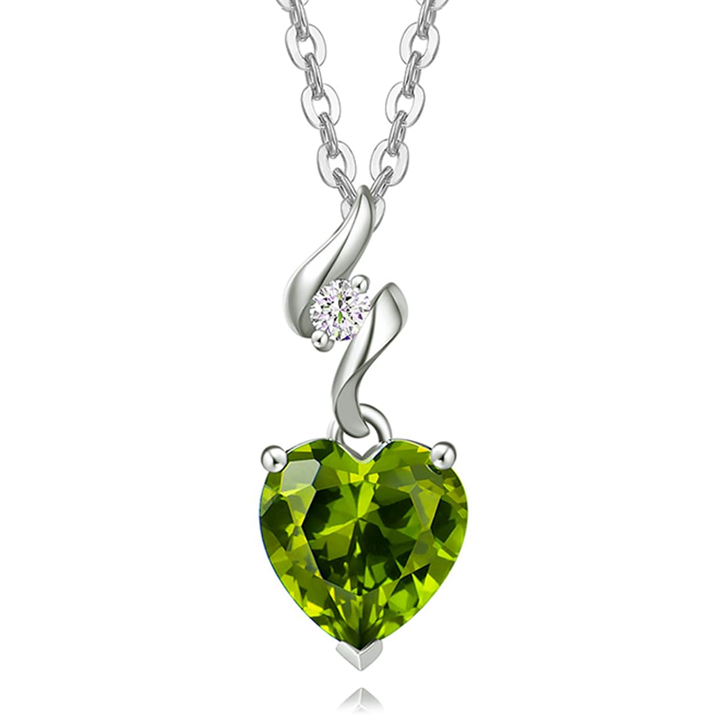 14K Solid White Gold Heart Gemstone Pendant Necklace with Sterling Silver Chain