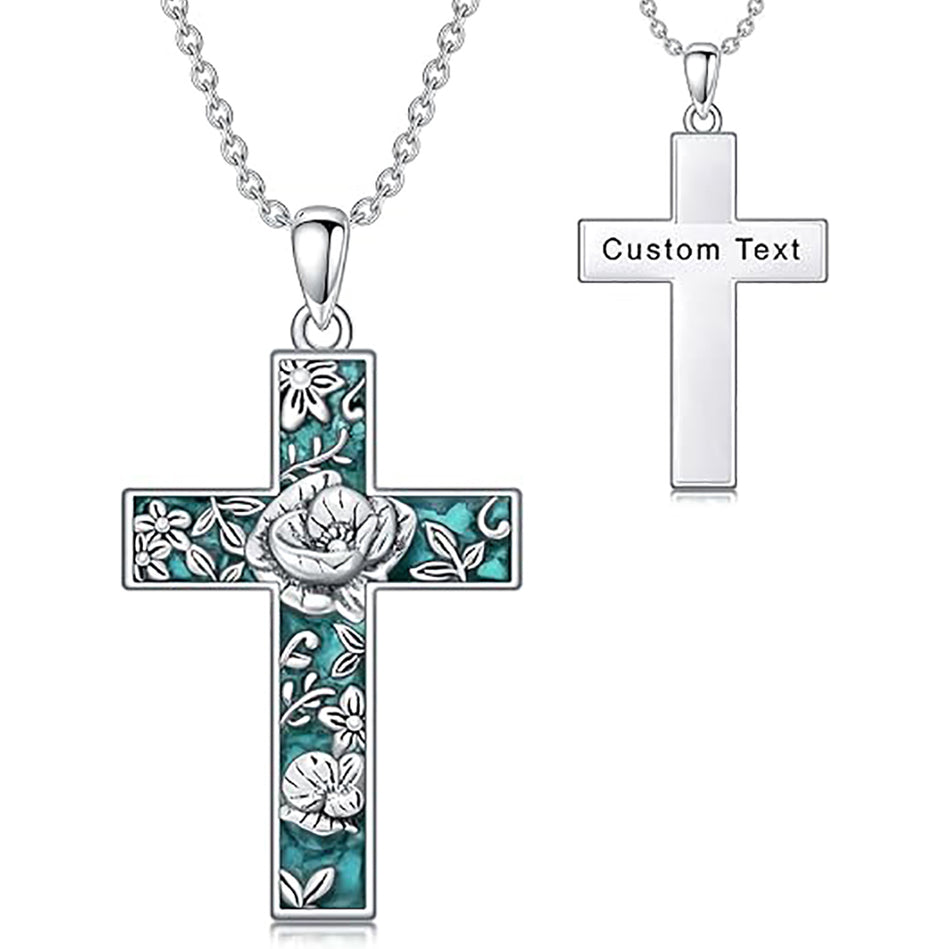 Sterling Silver Turquoise Personalized Engraved 12 Month Birth Flower Cross Pendant Necklace