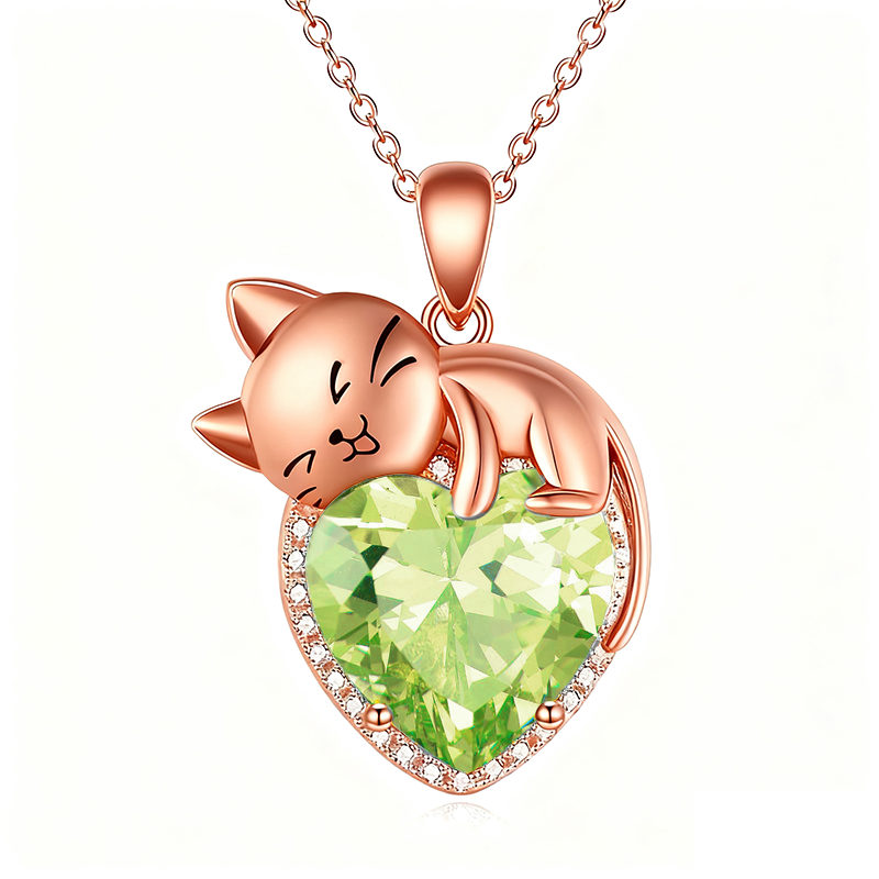 Sterling Silver Heart Birthstone Cat Pendant Necklace