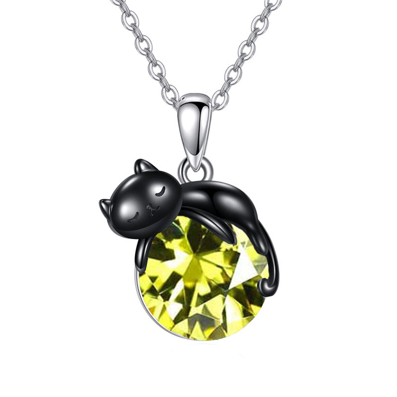 Sterling Silver Birthstone Infinity Black Cat Pendant  Necklace