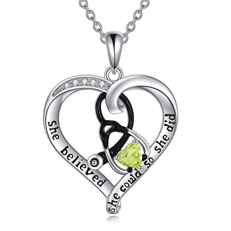 10K 14K 18K Gold Birthstone Caduceus & Stethoscope Pendant Necklace