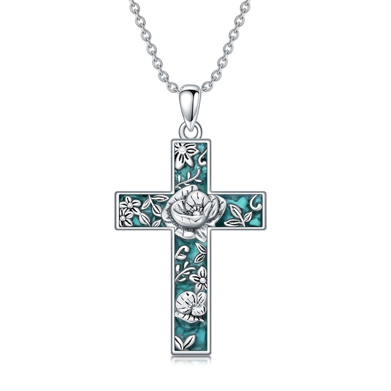 Sterling Silver Turquoise Personalized Engraved 12 Month Birth Flower Cross Pendant Necklace