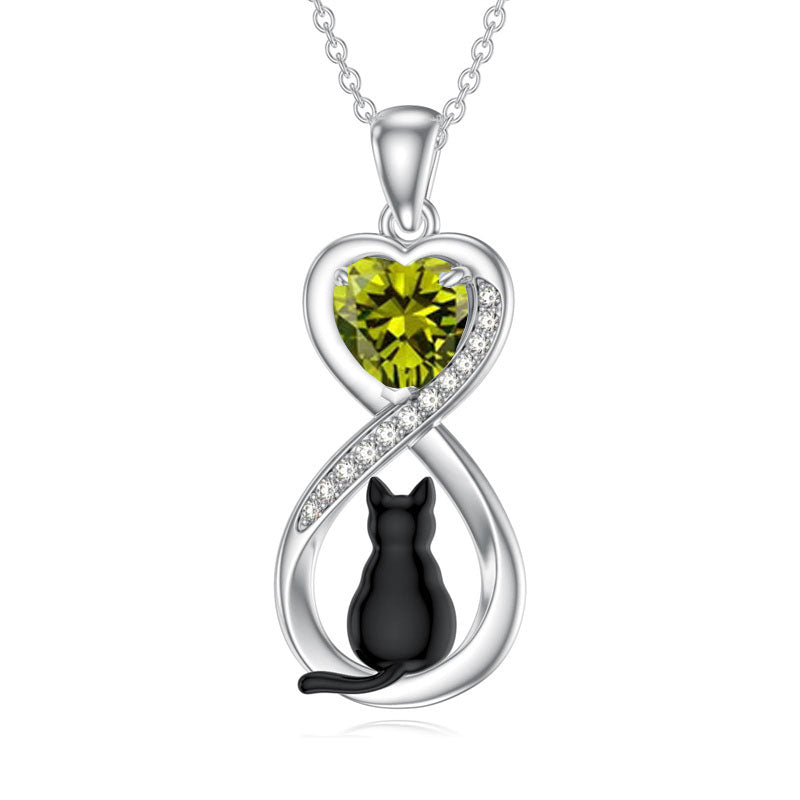 Sterling Silver Birthstone Infinity Black Cat Pendant  Necklace