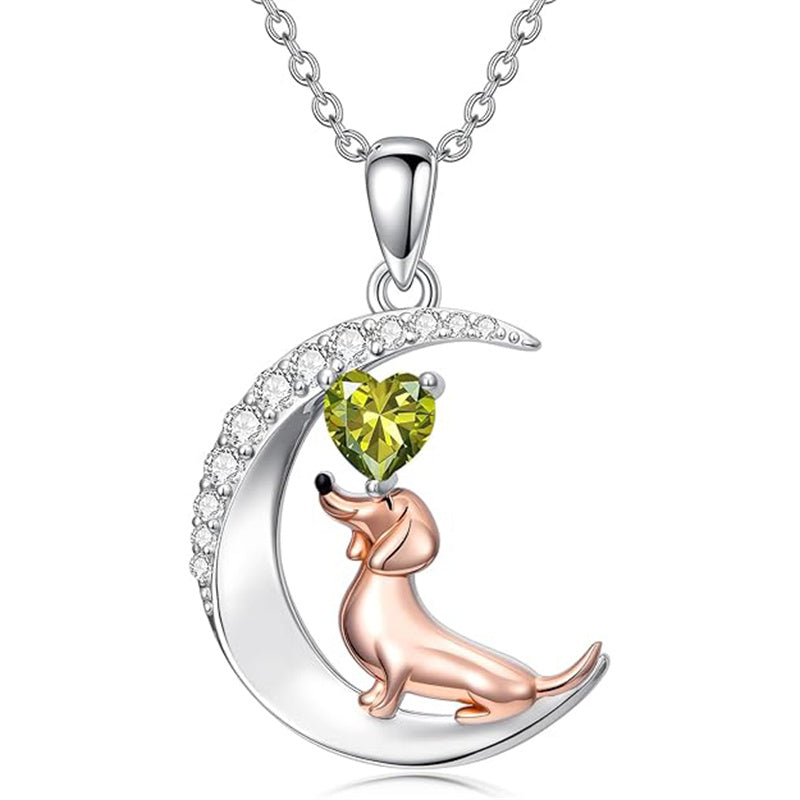 Sterling Silver Heart Birthstone  Dachshund Pendant Necklace