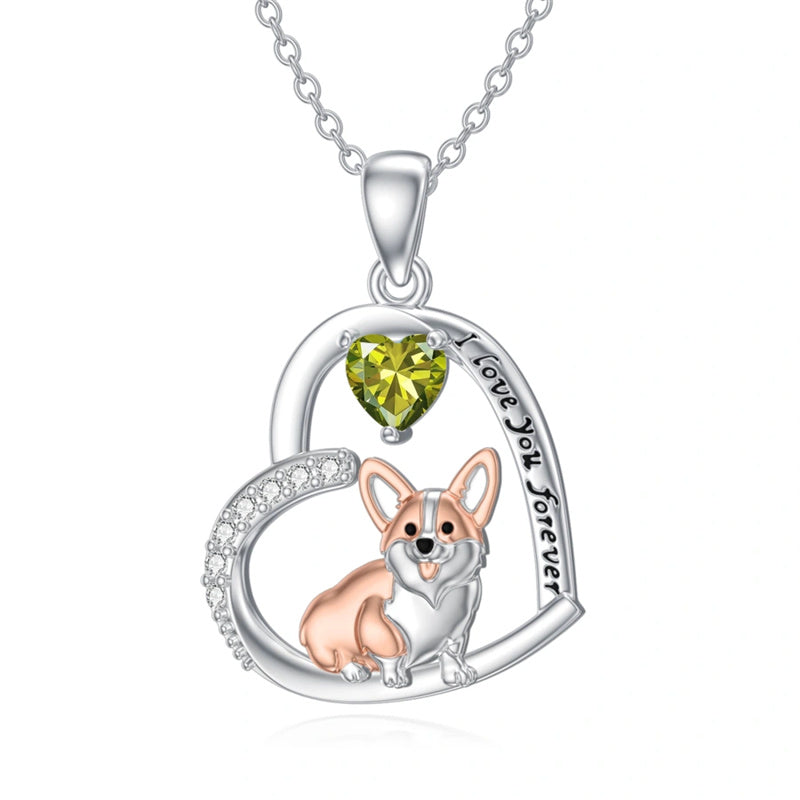 Sterling Silver Birthstone Corgi Pendant Necklace