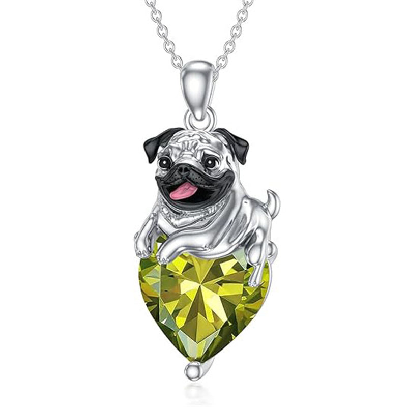 Sterling Silver Heart Birthstone Pug Pendant Necklace