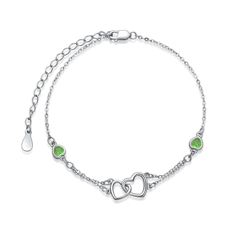 Sterling Silver Double Heart Birthstone Single Layer Anklet