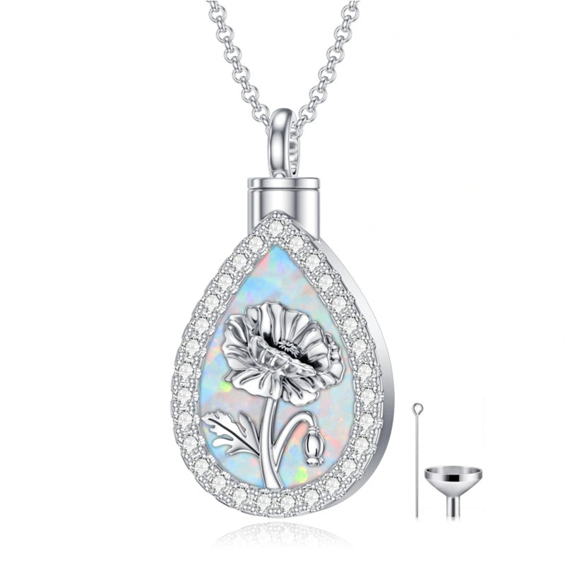 Sterling Silver Teardrop Opal 12 Birth Flower Urn Necklaces for Ashes