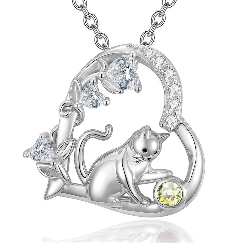 Sterling Silver 12 Month Birthstone Cat Pendant Necklace Gifts for Cat Lovers