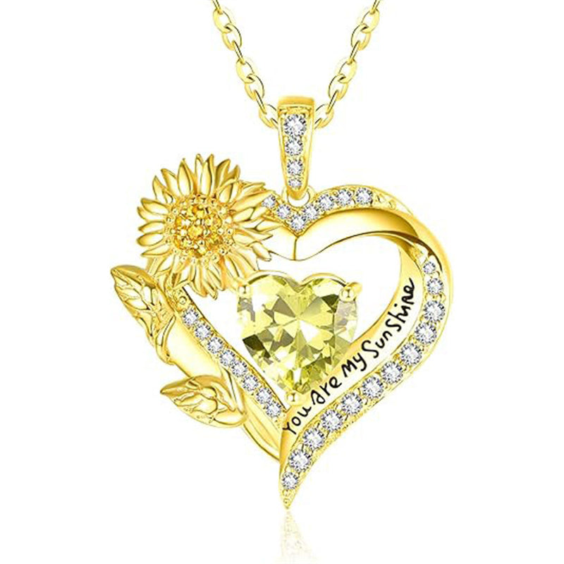 Sterling Sliver Birthstone Love Heart & Sunflower Pendant Necklace Engraved With You Are My Sunshine