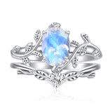 Sterling Silver Oval Shaped  Leaf Gemstone Engagement Rings Set for Women