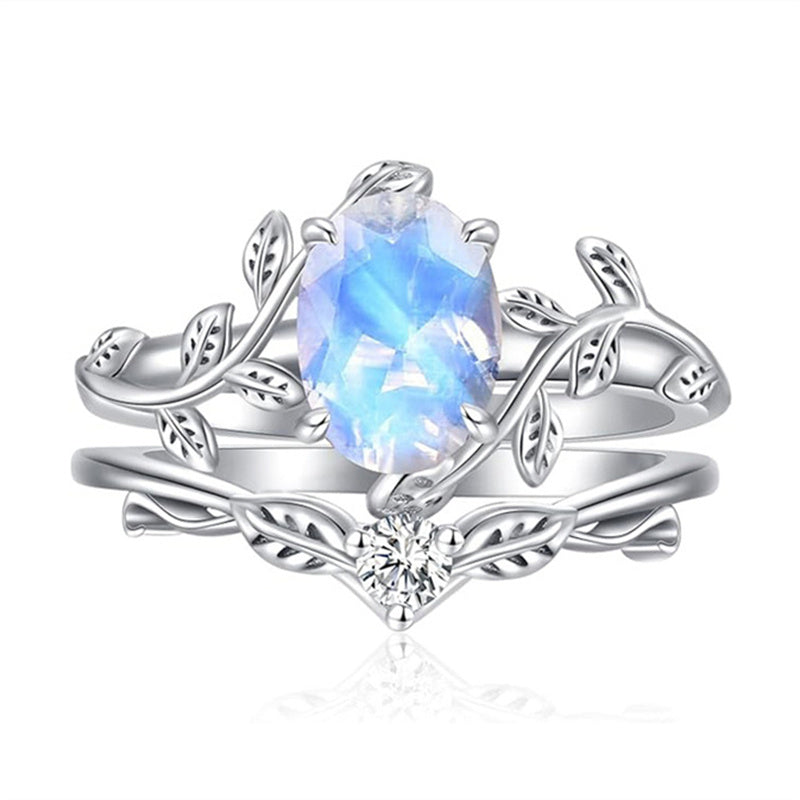 Sterling Silver Oval Shaped  Leaf Gemstone Engagement Rings Set for Women