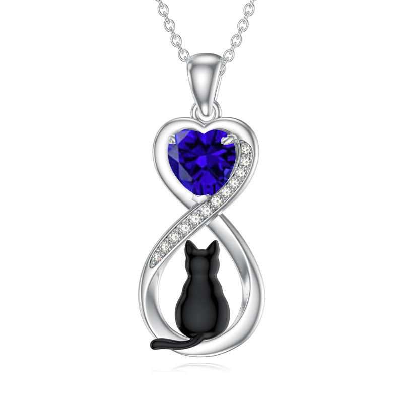 Sterling Silver Birthstone Infinity Black Cat Pendant  Necklace