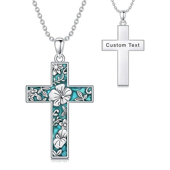 Sterling Silver Turquoise Personalized Engraved 12 Month Birth Flower Cross Pendant Necklace