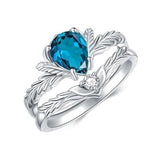 Sterling Silver Pear Cut Vine Leaf Gemstone Engagement Rings Set for Women