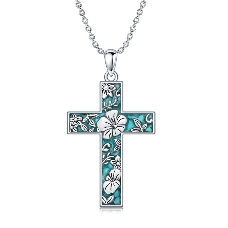 Sterling Silver Turquoise Personalized Engraved 12 Month Birth Flower Cross Pendant Necklace