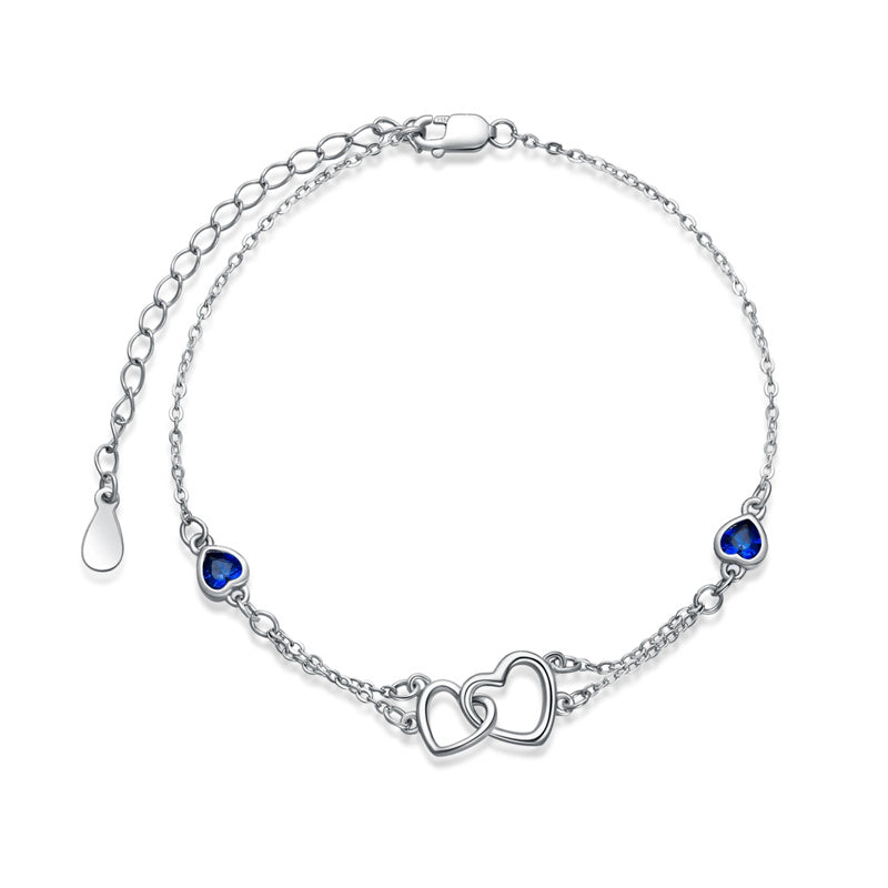 Sterling Silver Double Heart Birthstone Single Layer Anklet