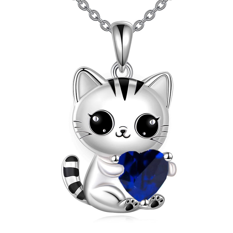 Silver Cat 12 Month Birthstone Pendant Necklace