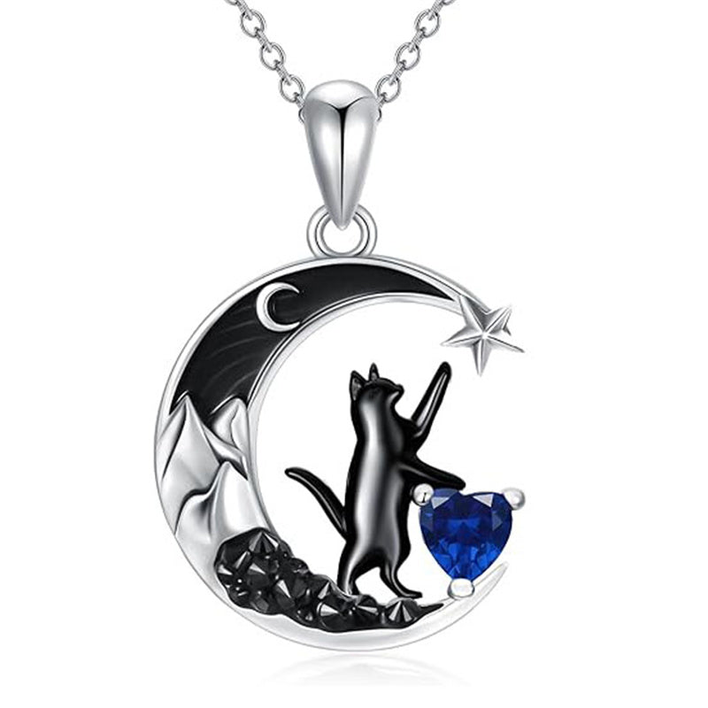 Sterling Silver Heart Birthstone Moon Star Black Cat Pendant Necklace