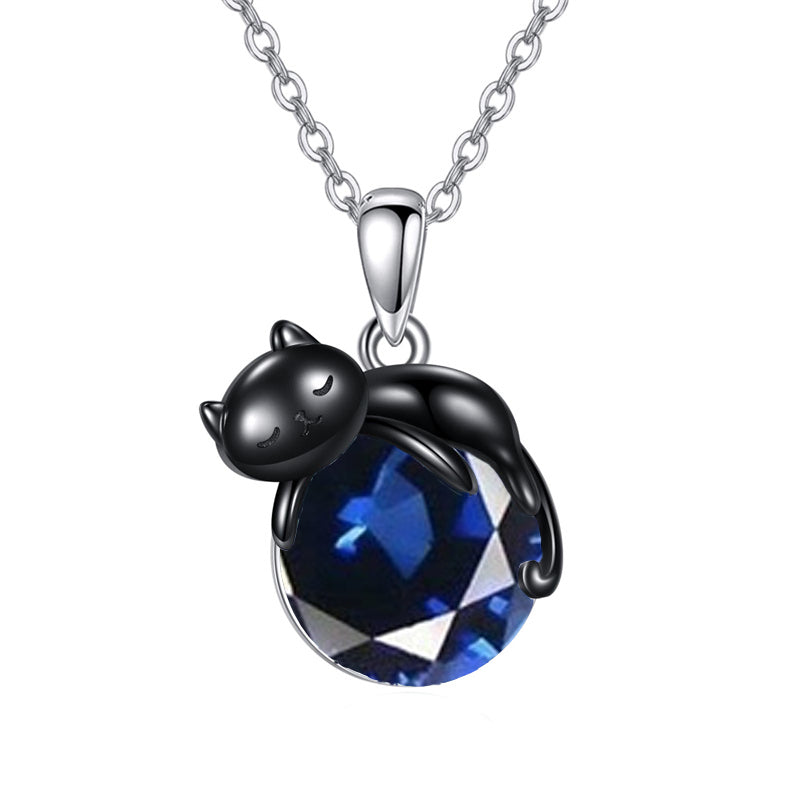 Sterling Silver Birthstone Infinity Black Cat Pendant  Necklace