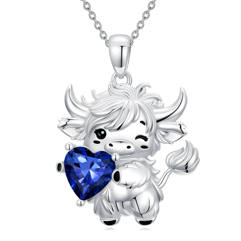 Sterling Silver Heart  Birthstone Highland Cow Pendant Necklace