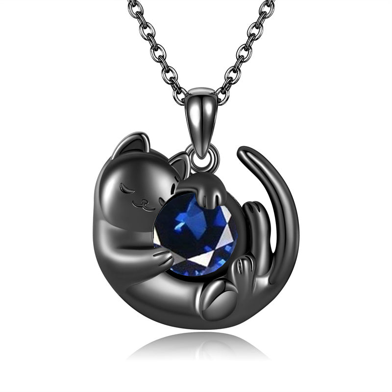 Sterling Silver Birthstone Infinity Black Cat Pendant  Necklace