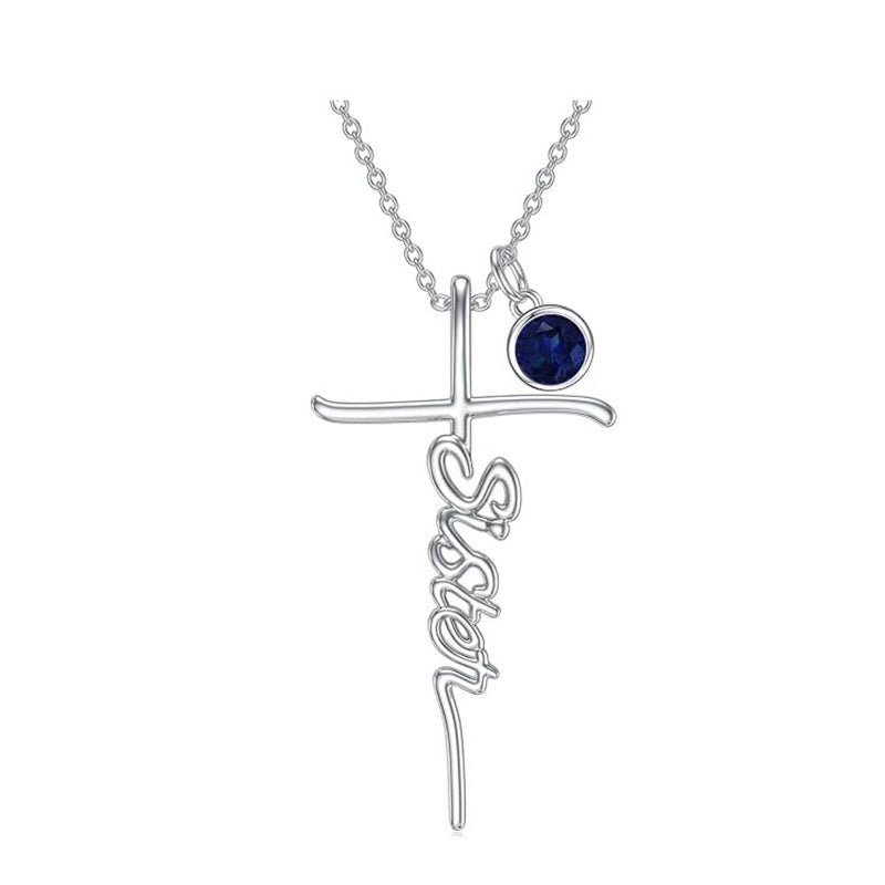 Sterling Silver Birthstone Sister Cross Pendant Necklace